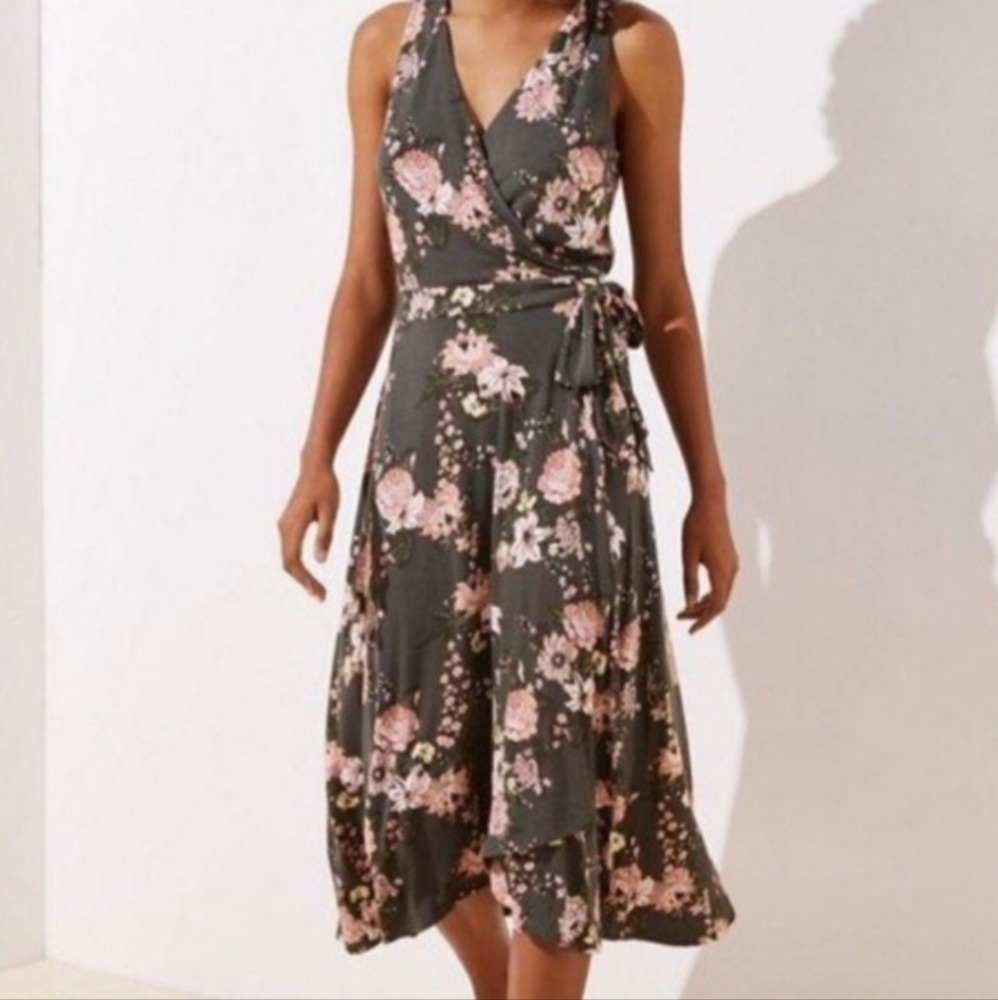 LOFT Gray and Pink Floral Wrap Dress